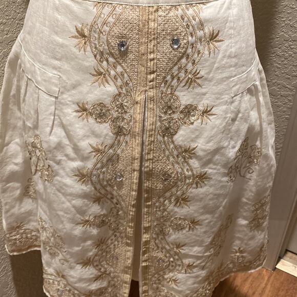 Anne Carson Linen Embroidered Beaded Midi Skirt Sz 6 Midi Slit Front Embellished - Picture 2 of 14